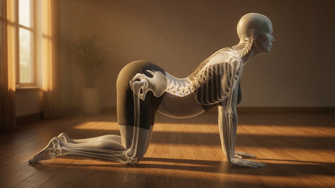 Yogi in cat-cow — spine visible through the body