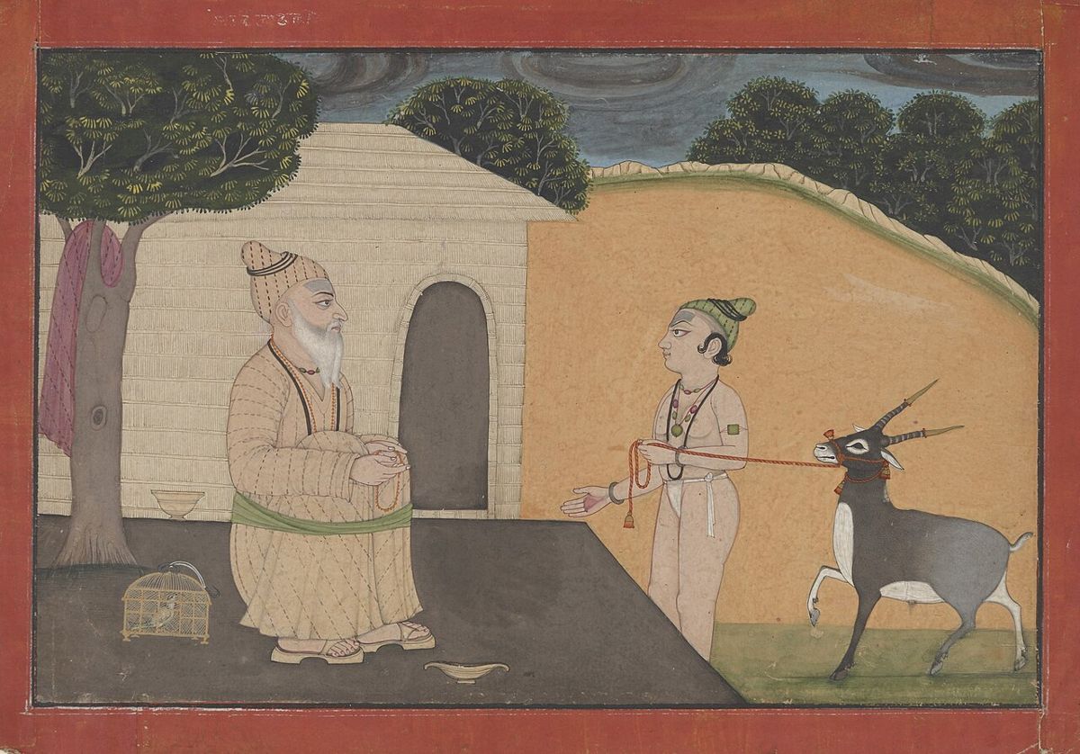 18th-century Pahari painting of an aged ascetic and his young disciple at an ashram