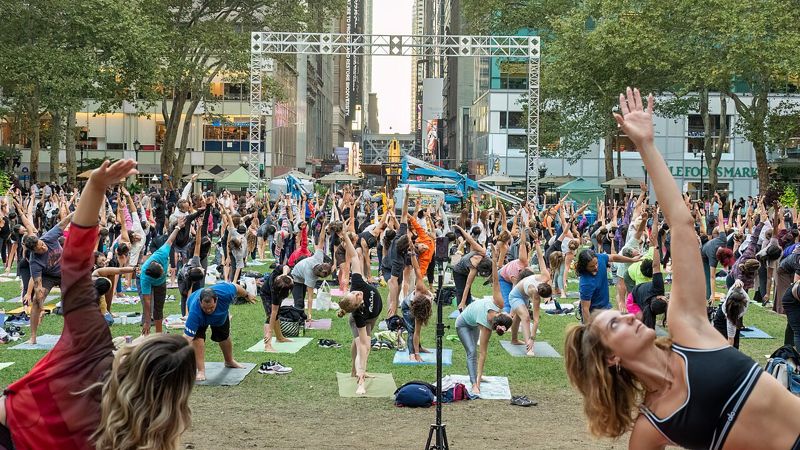 A lunchtime yoga class in Bryant Park, New York