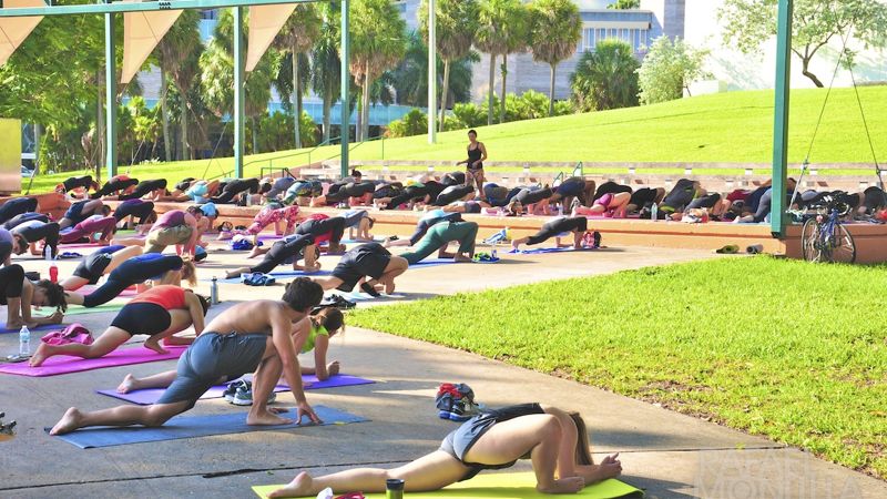 A free outdoor yoga class in Bayfront Park, Miami